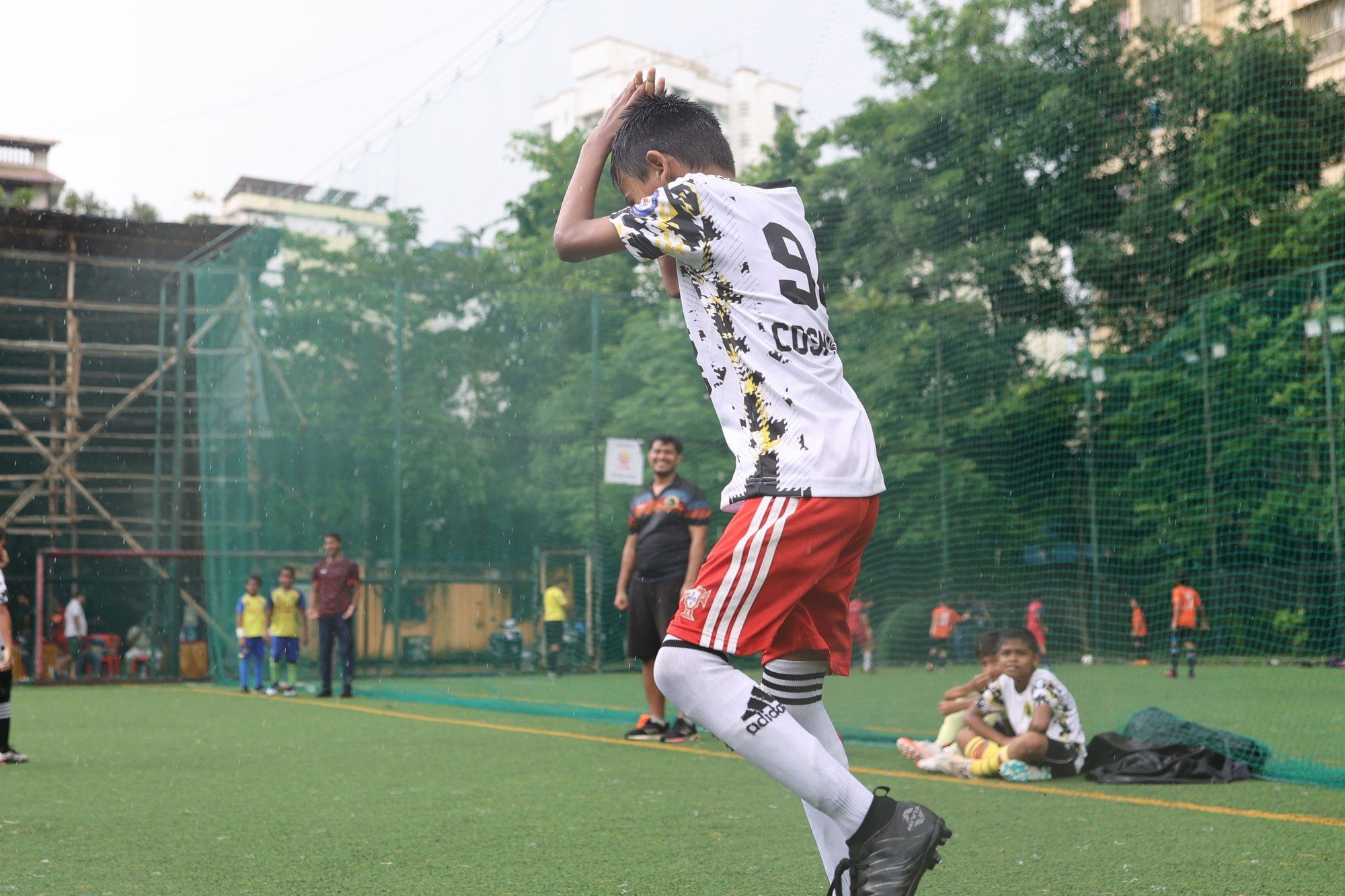 A player leaping in celebration